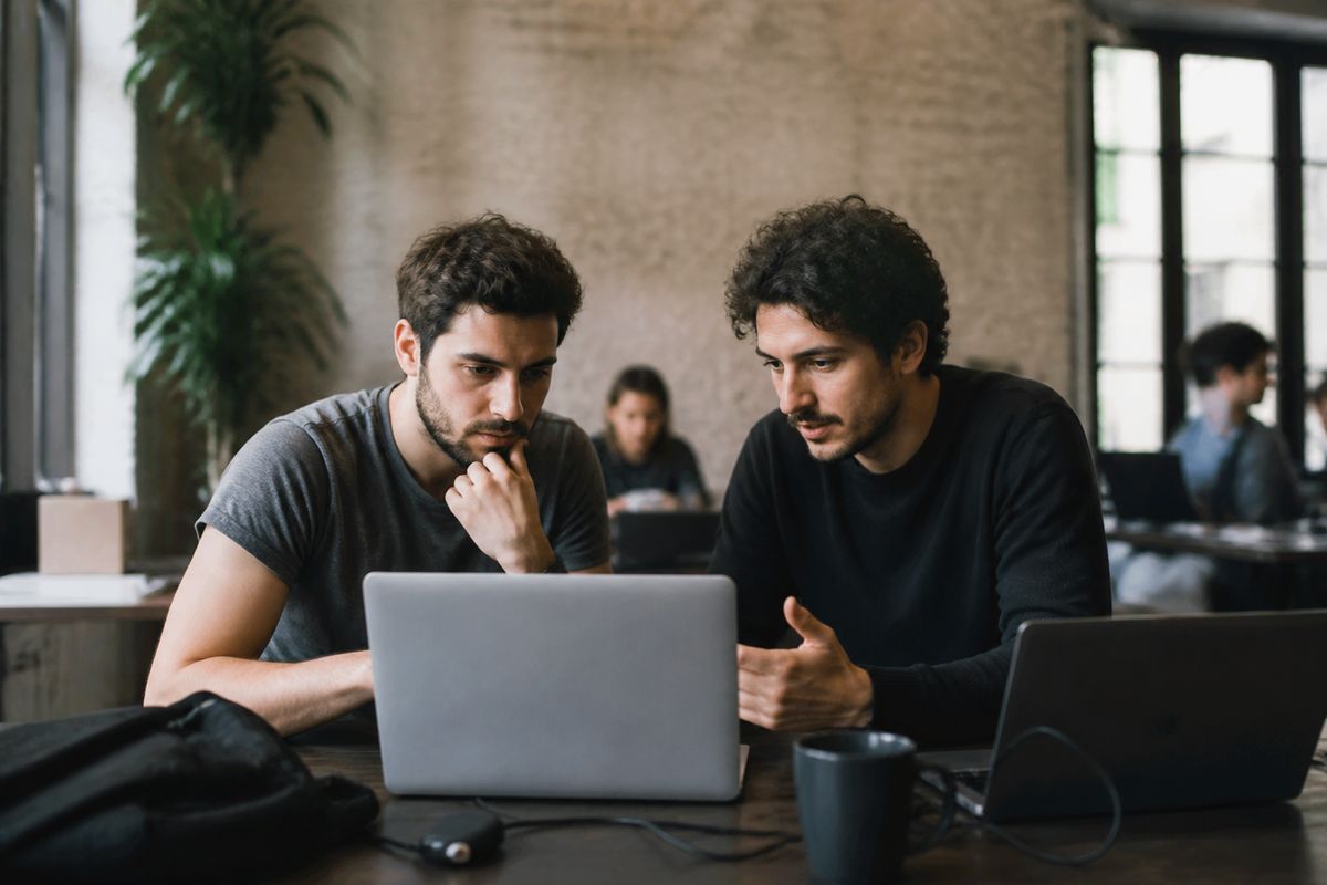 Developers collaborating over laptops in a modern office.