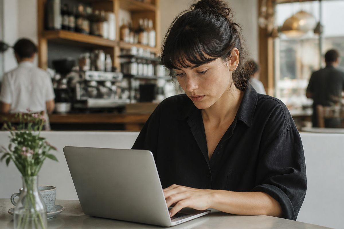 A small business owner managing orders on a laptop at a café table