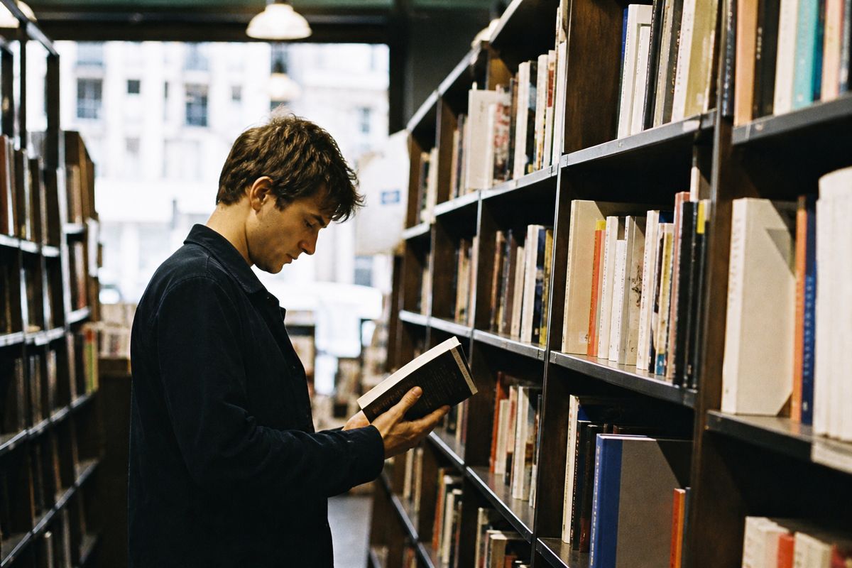 A person browsing entrepreneurship books in a bookstore aisle