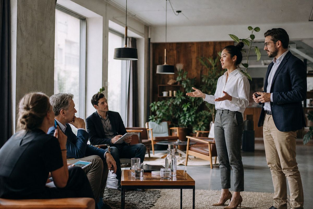Entrepreneurs pitching ideas to investors in a modern workspace