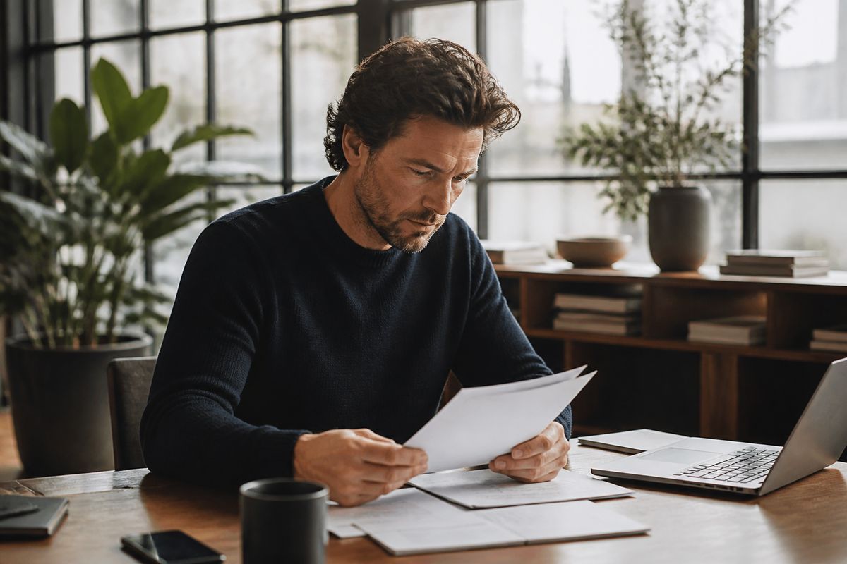 An entrepreneur reviewing financial documents in a modern office.