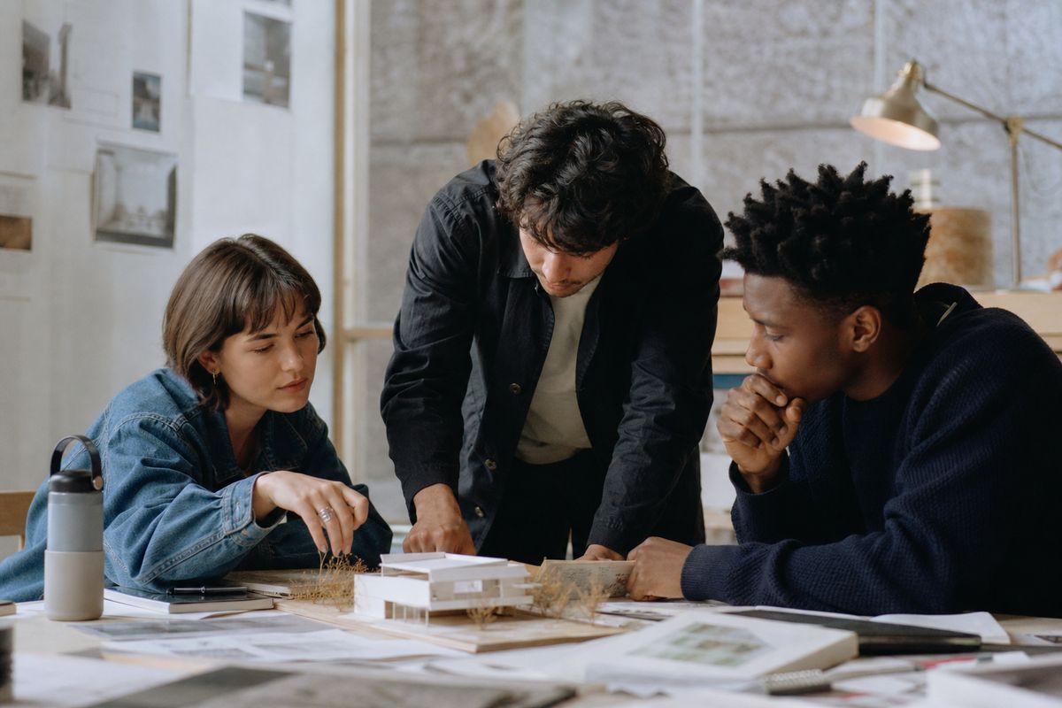 Students collaborating in a campus innovation lab space