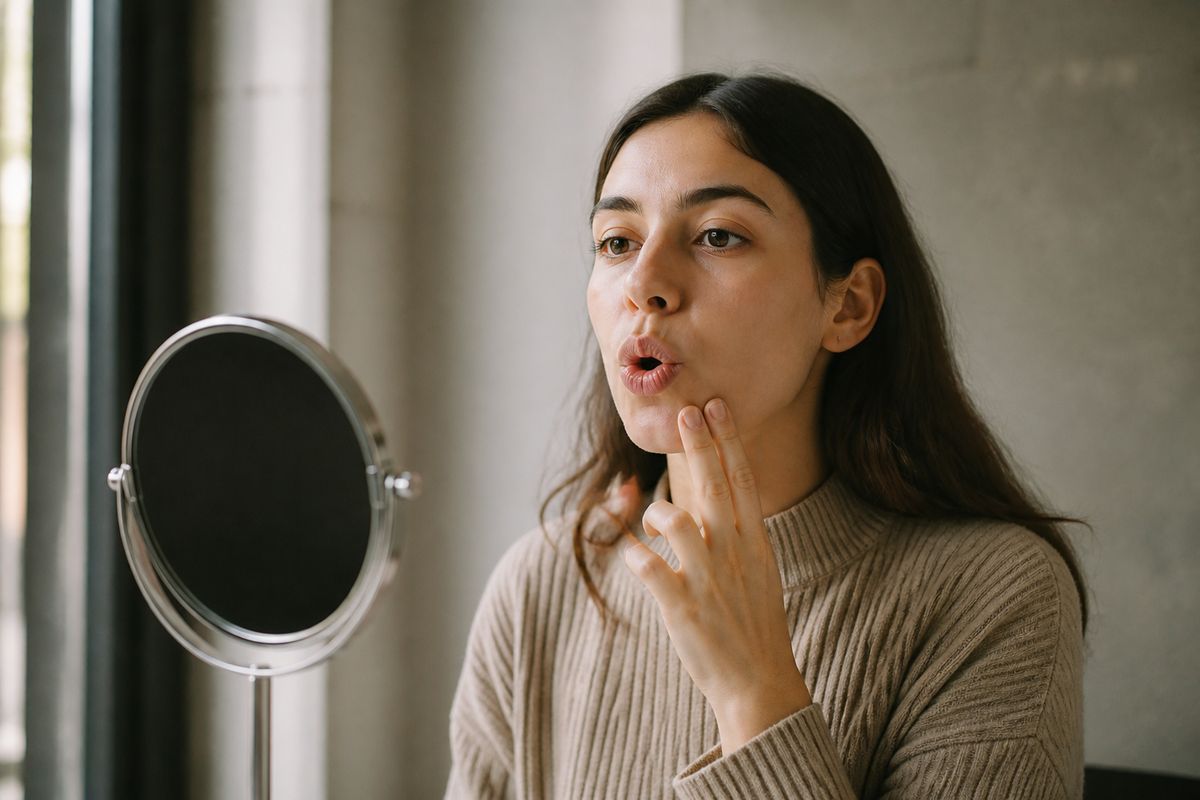 A person practicing pronunciation with focused expression