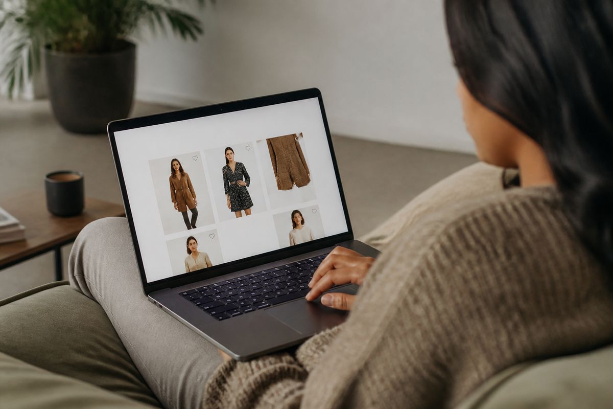 A shopper adding items to an online cart on a laptop.