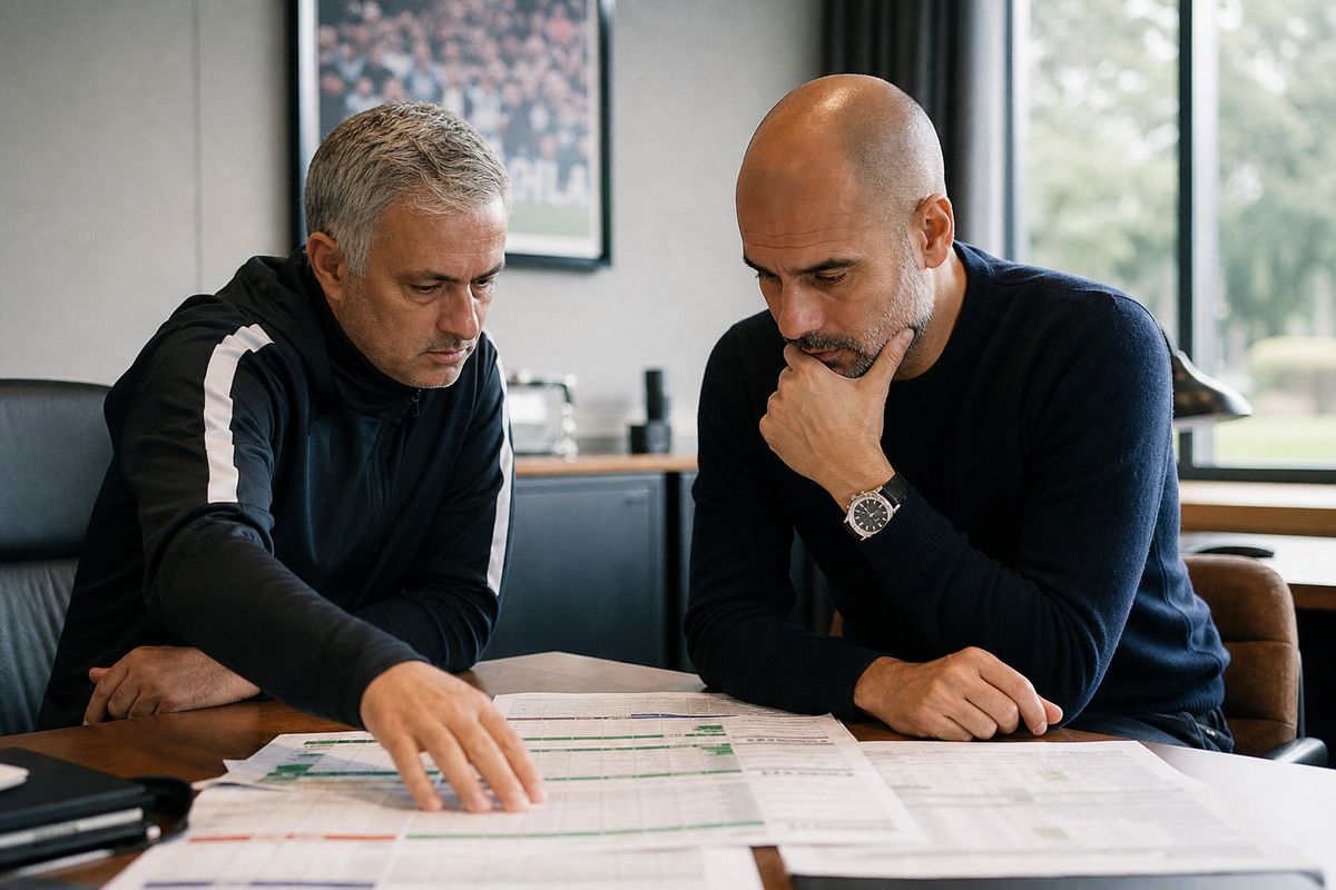 Football club managers reviewing match schedules in an office