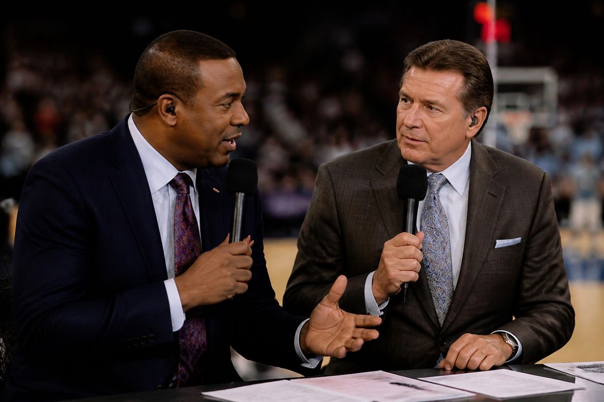 Two sports anchors discussing live on air in a studio
