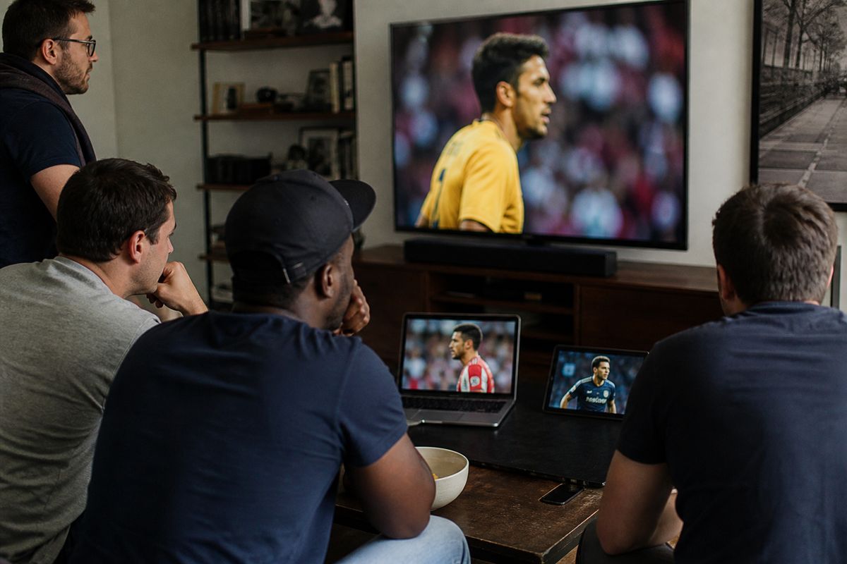 Fans watching football transfer updates on multiple screens at home