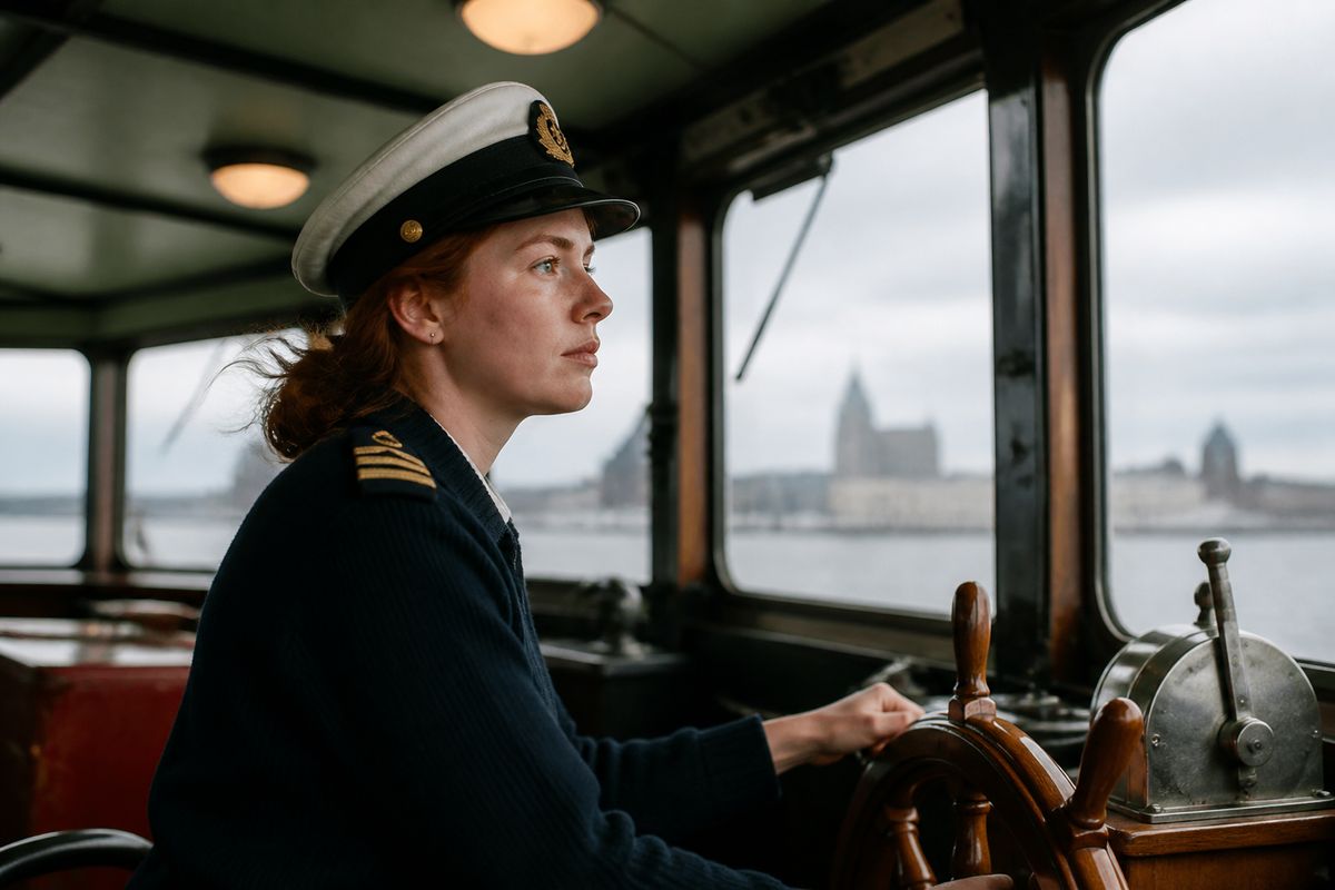 Ellie, the first female Mersey Ferry captain, steering the vessel.