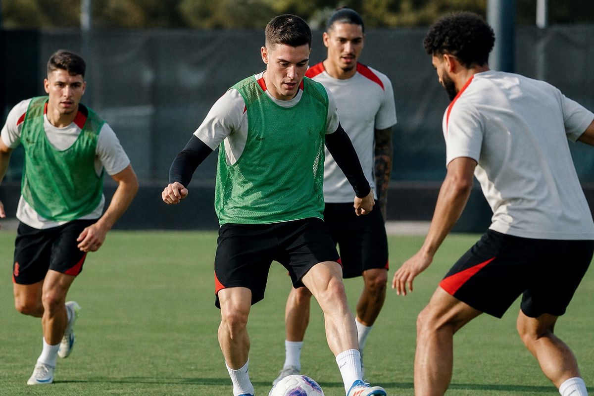Florian Wirtz training with Liverpool players on the pitch