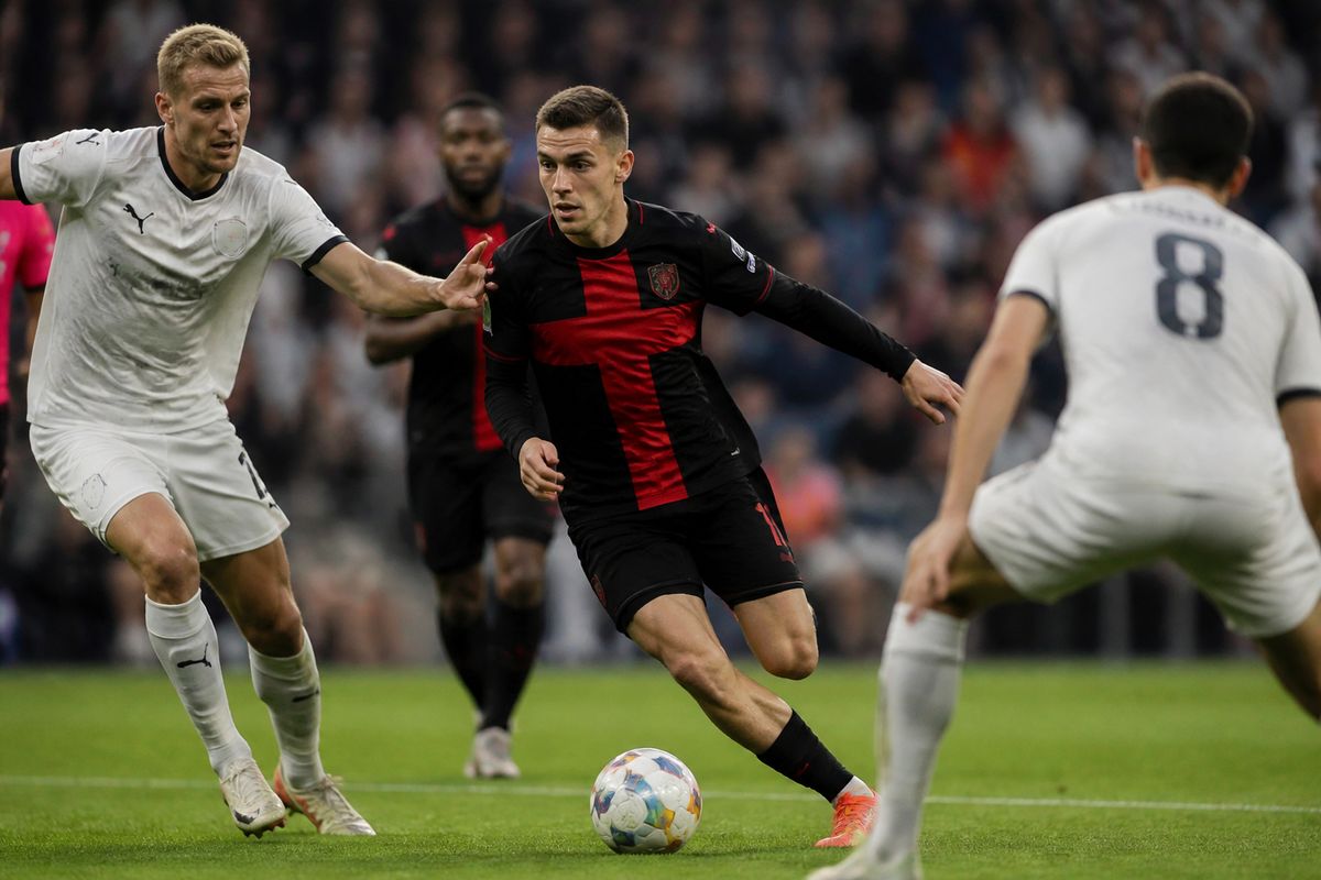 Florian Wirtz dribbling past defenders during a tense match.