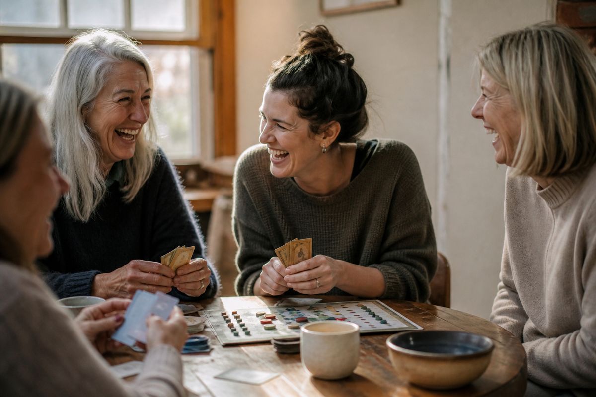 Women of different ages laughing around a table playing games
