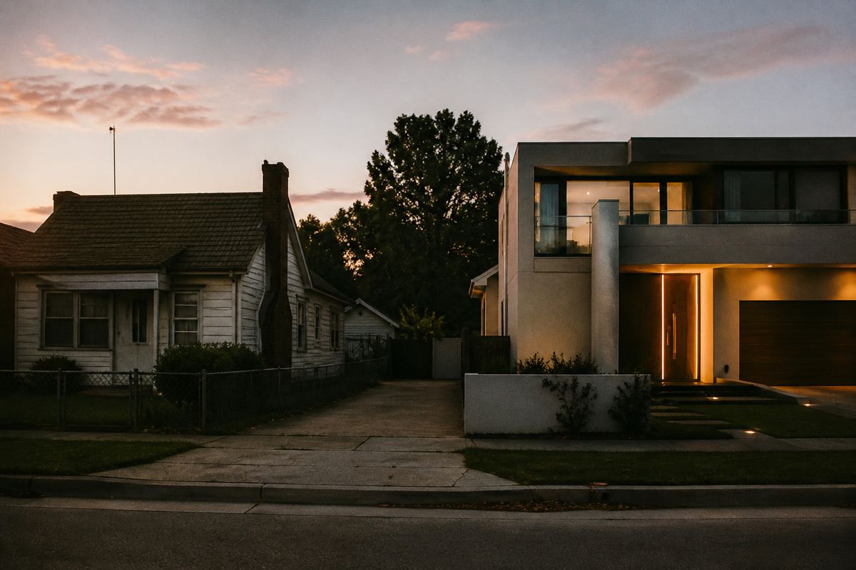 A quiet suburban street with two contrasting houses at dusk