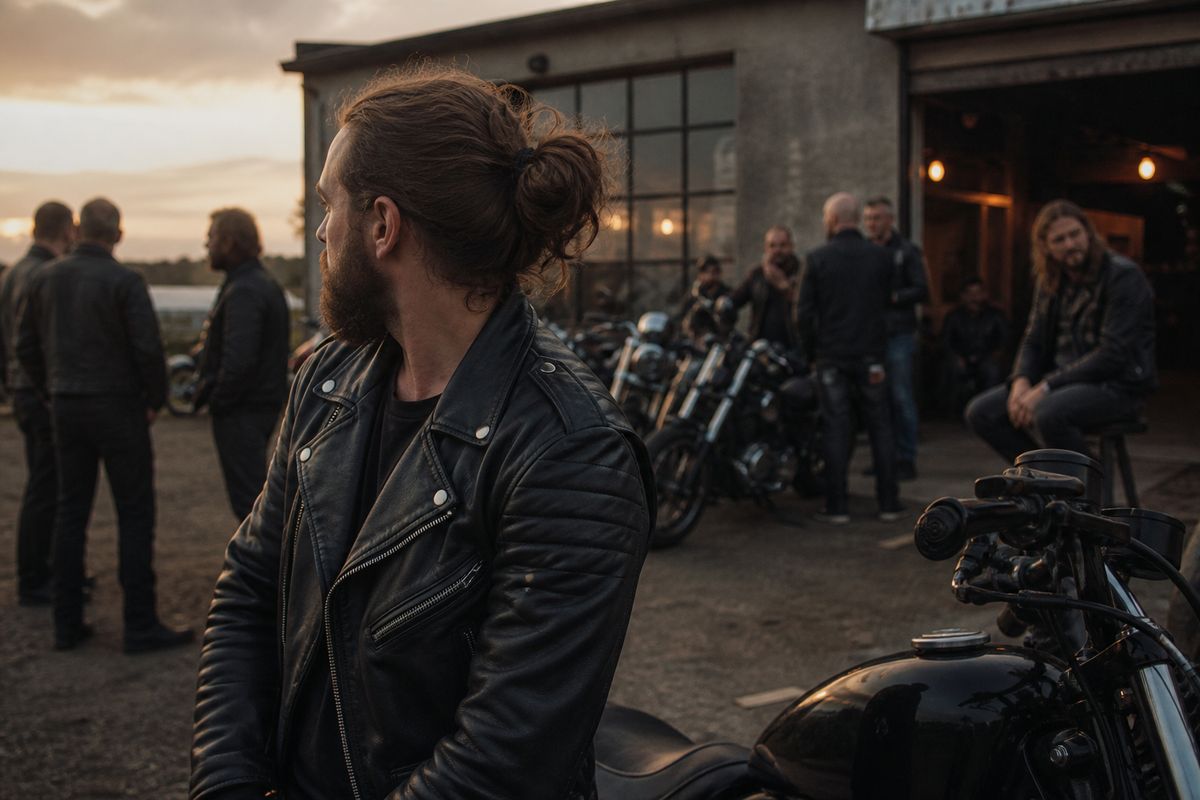 Leather-clad bikers gathered outside a gritty garage at dusk