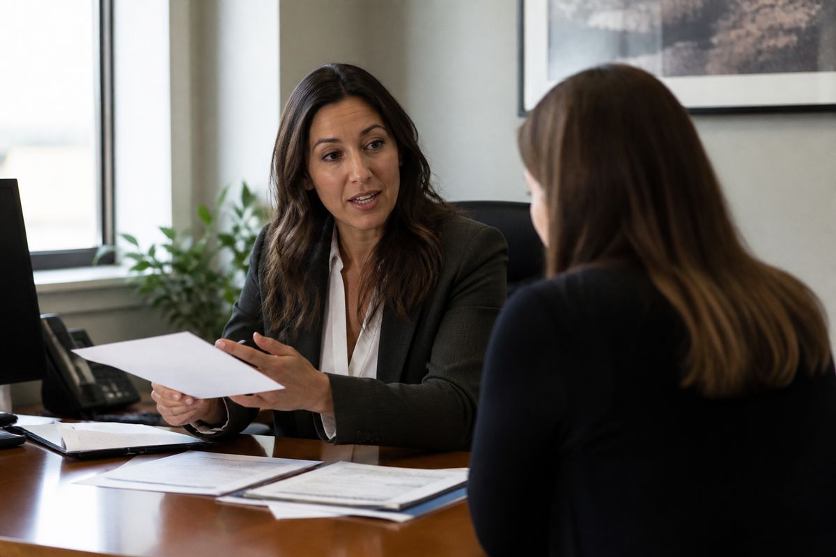 An insurance agent discussing policies with a client in an office