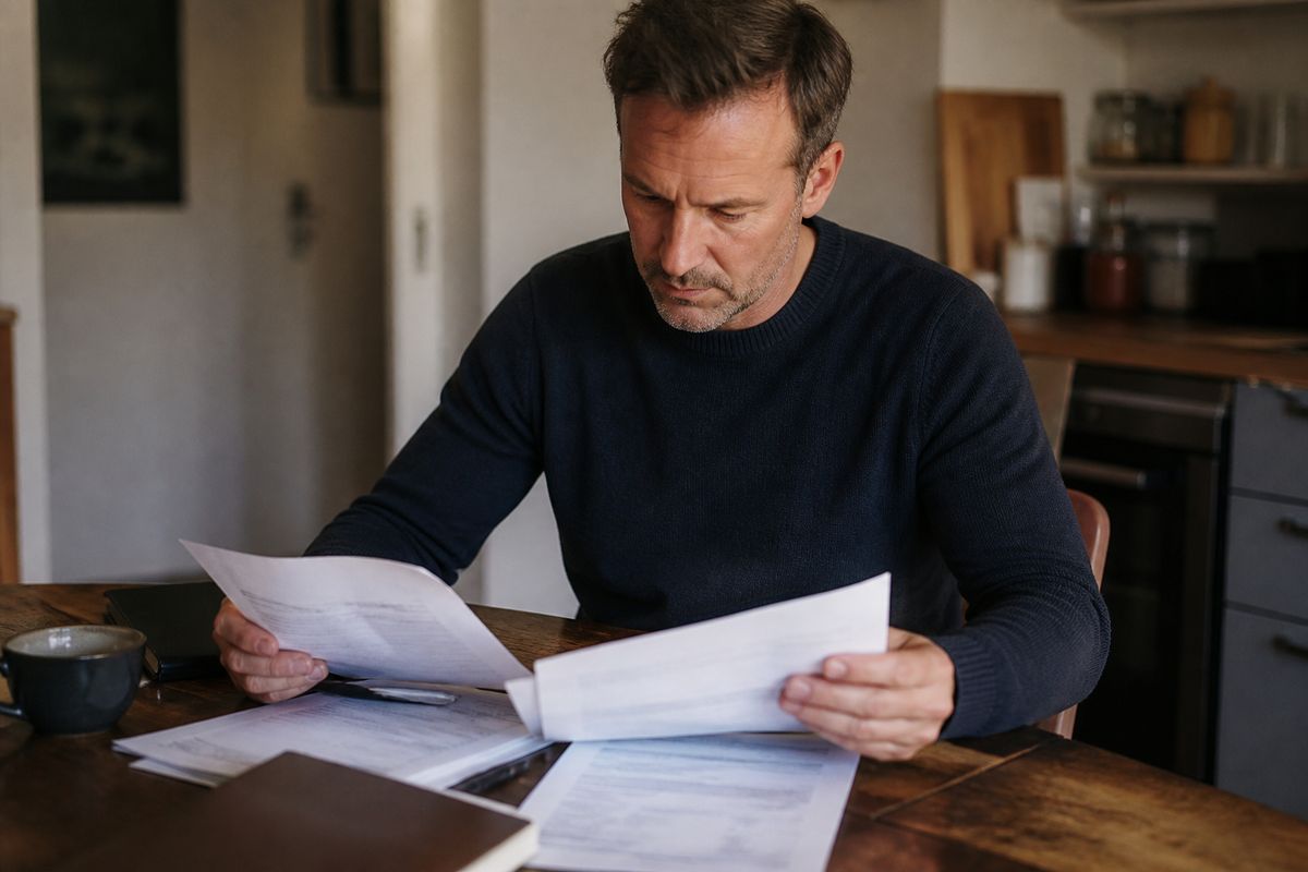 A person reviewing health insurance documents at a kitchen table