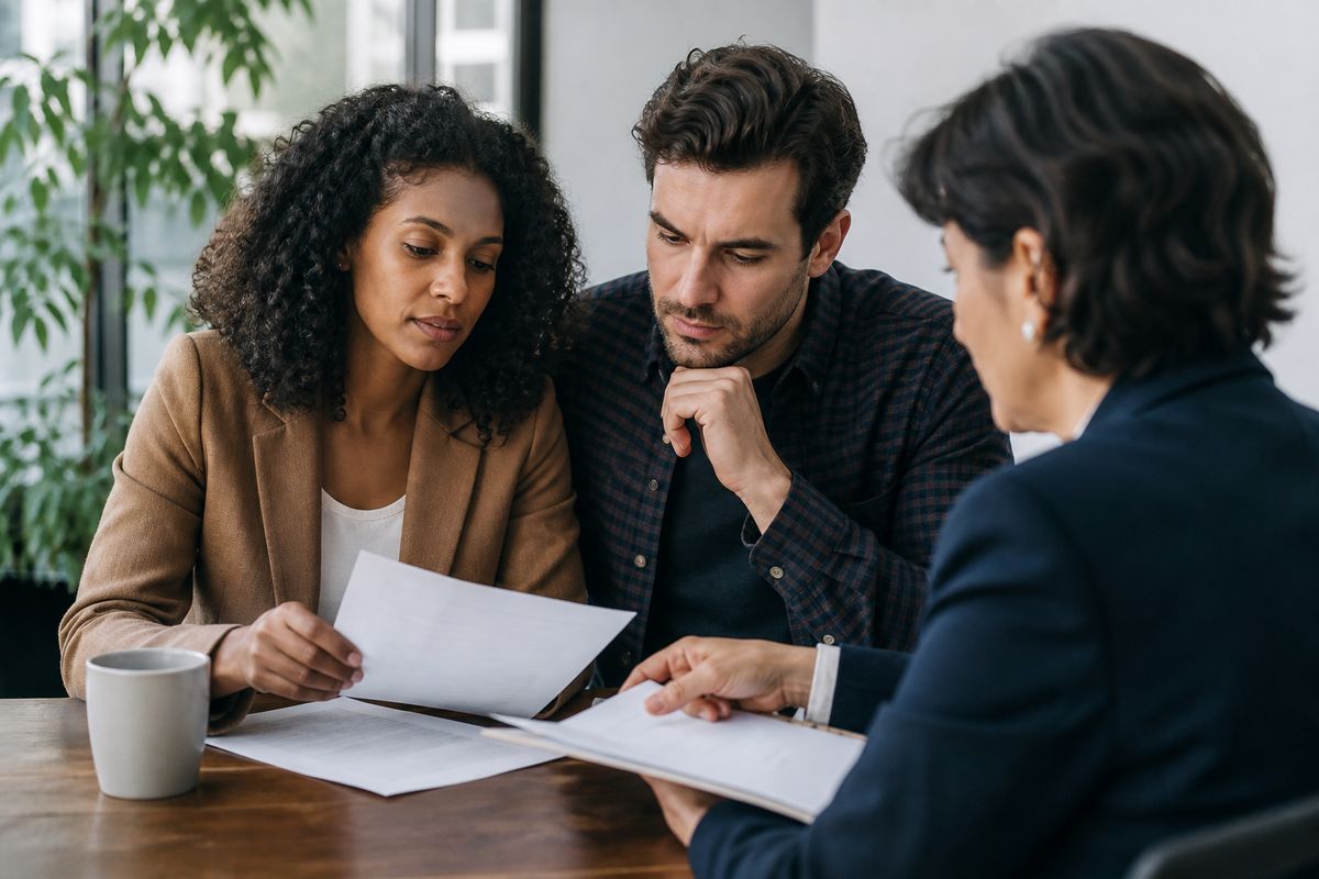 People reviewing health insurance documents in an office setting