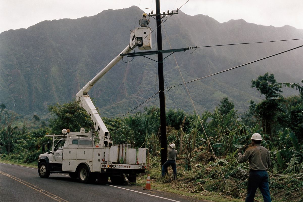 Workers reinforcing power lines along a Kauai roadside after a storm