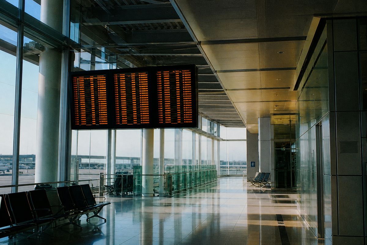 Empty airport terminal with delayed flight information displays