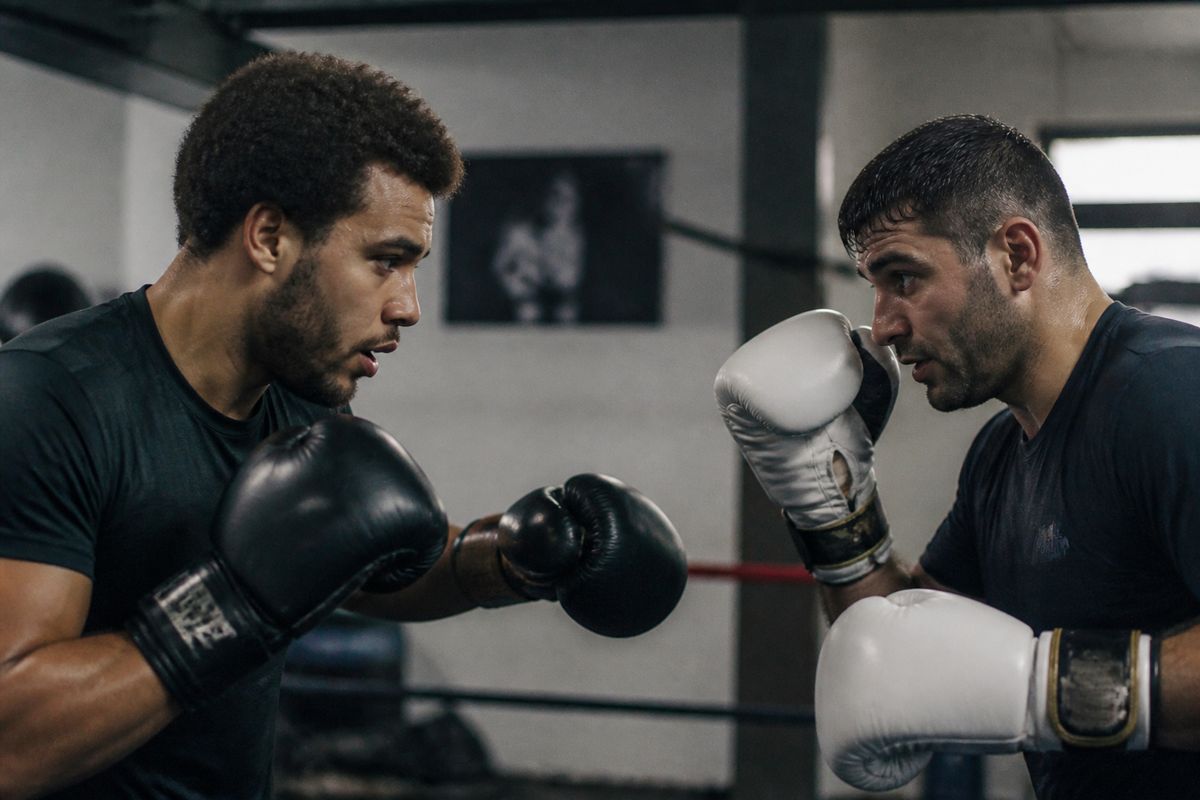 Moses Itauma and Filip Hrgovic sparring intensely in the gym.