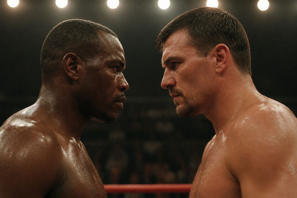 Two boxers facing off intensely in the ring before a match