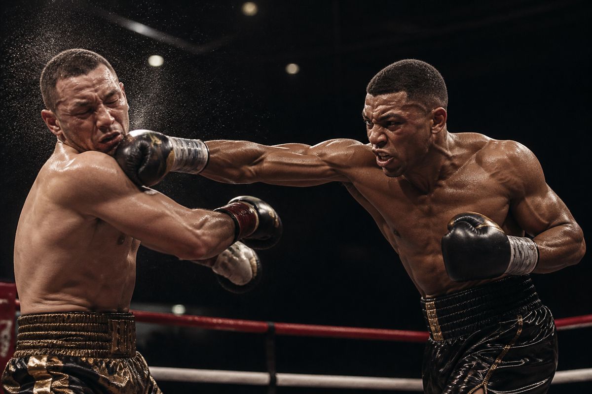 Two boxers exchanging powerful punches in the ring