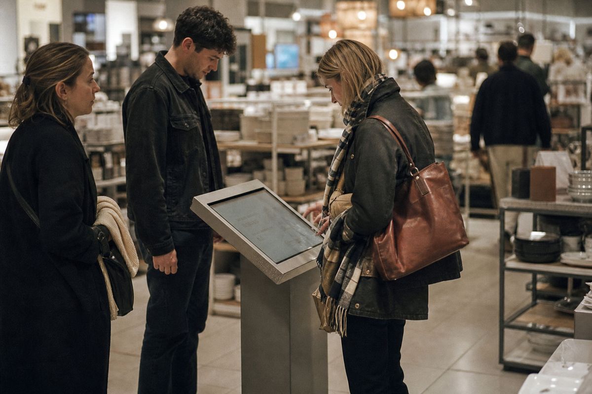 Shoppers using AI-assisted kiosks in a John Lewis store