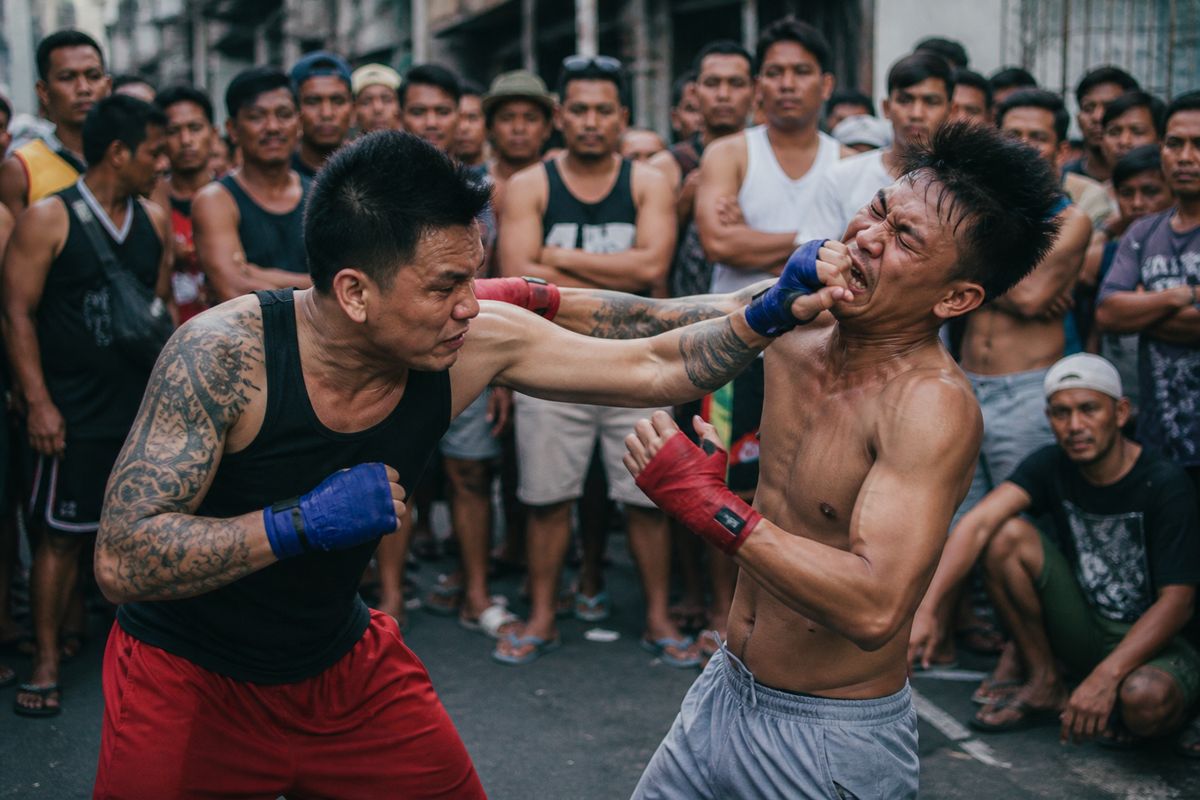 Two fighters exchanging punches in a crowded street alley