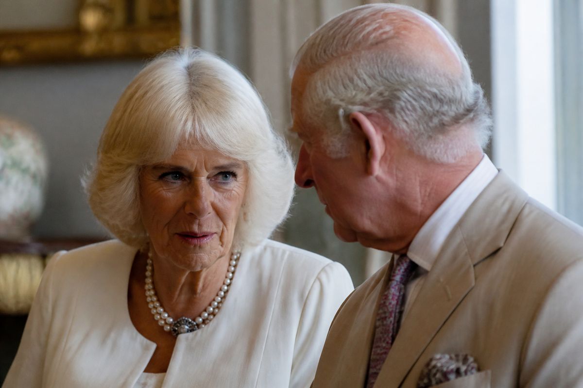 Camilla speaking quietly with King Charles in a private room