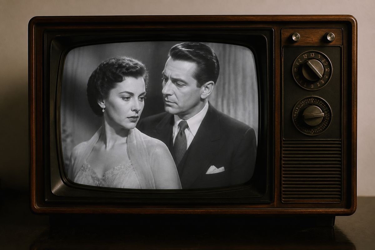A vintage television set displaying a black-and-white drama scene