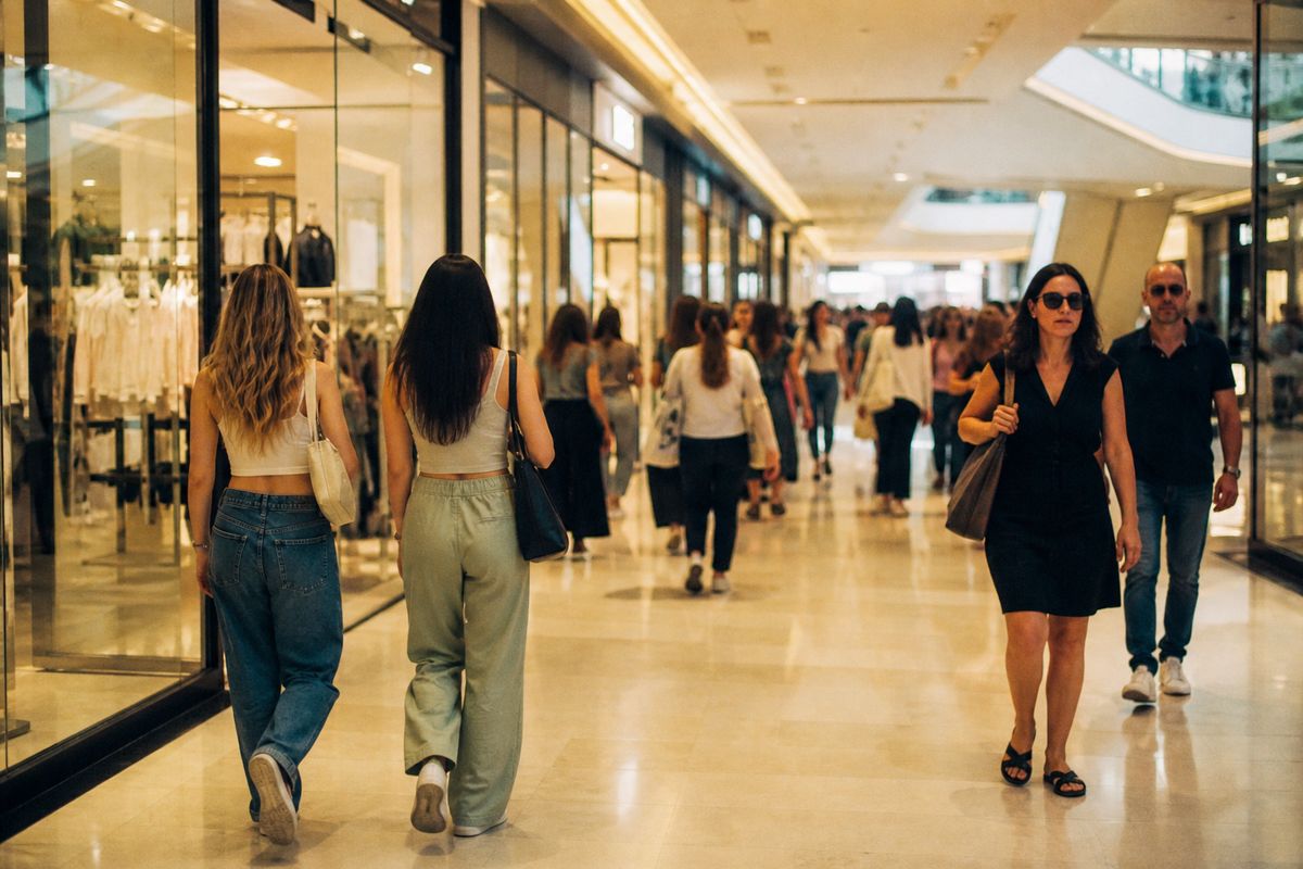 Shoppers browsing various brand stores in a busy mall corridor