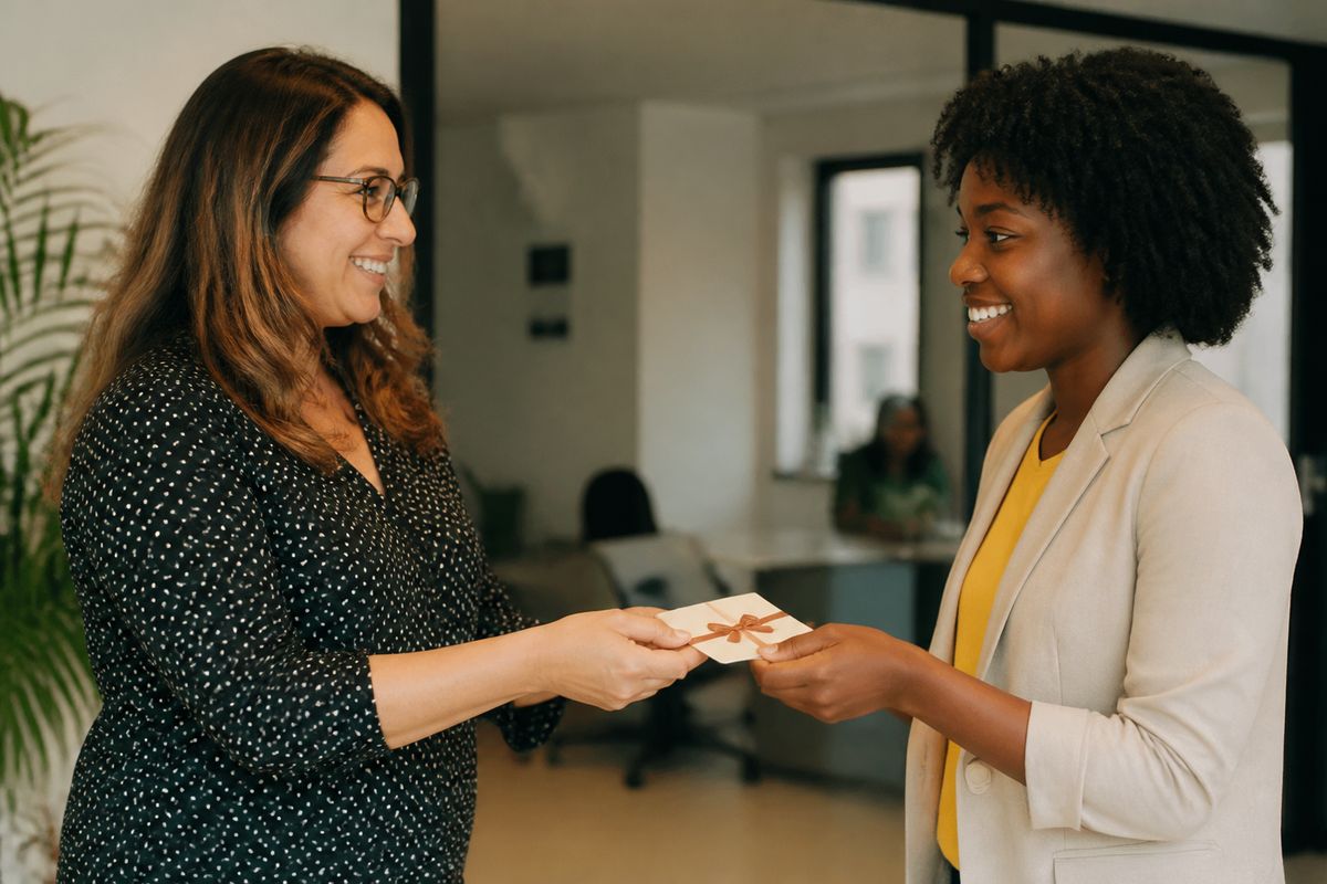 An HR manager handing a gift card to an employee.