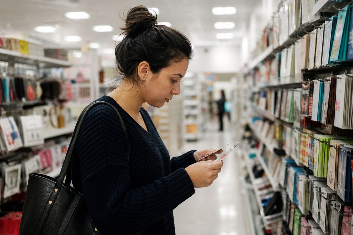 A shopper comparing gift card terms in a store aisle