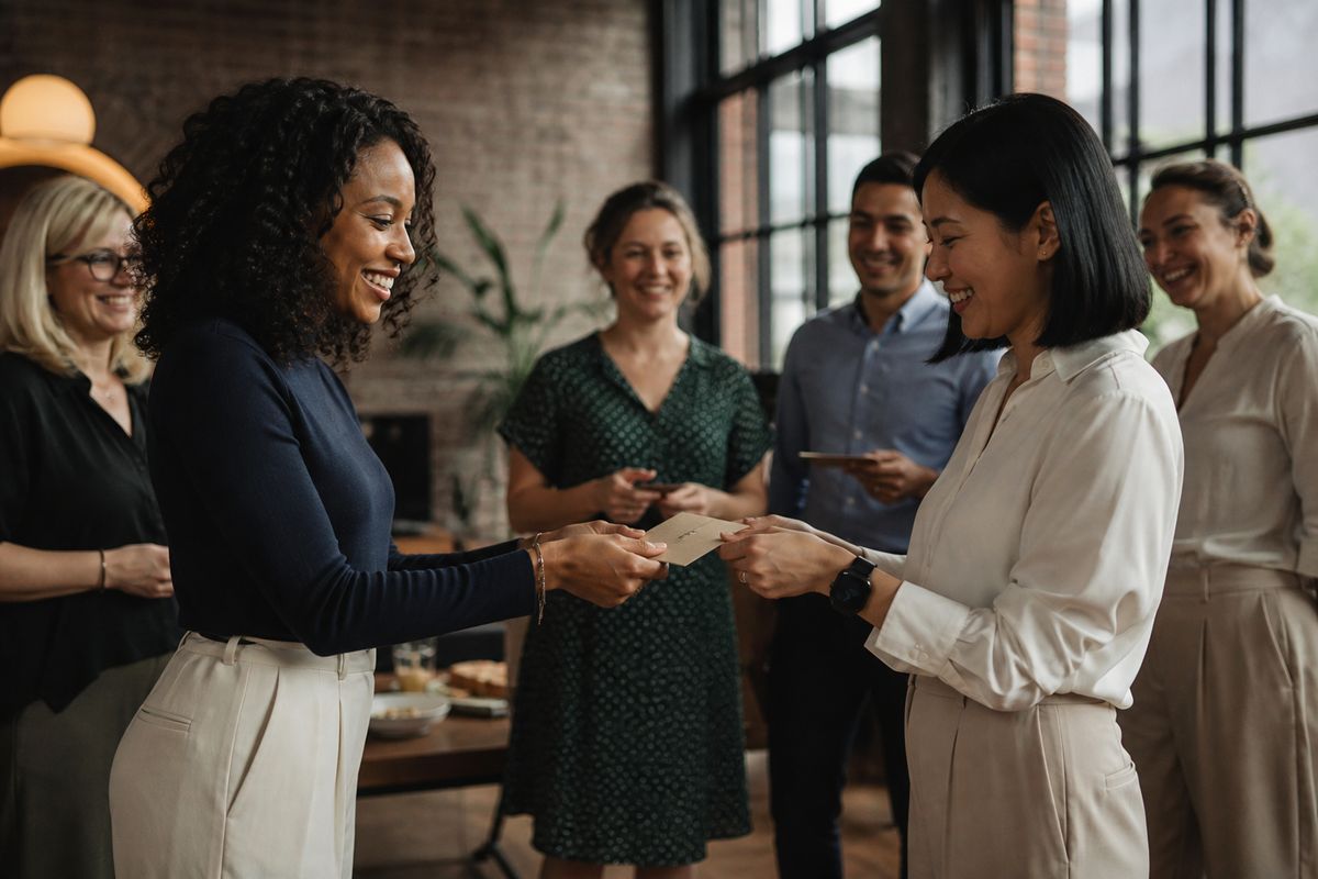 Employees exchanging gift cards during an office celebration