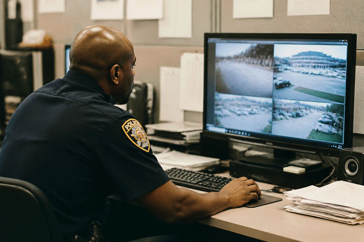 A police officer reviewing evidence on a computer screen