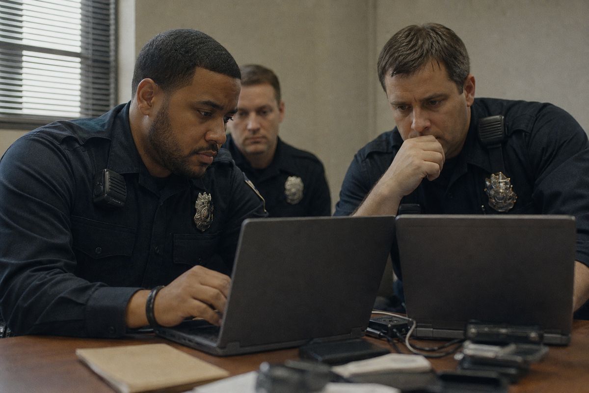 Police officers examining digital evidence on laptops