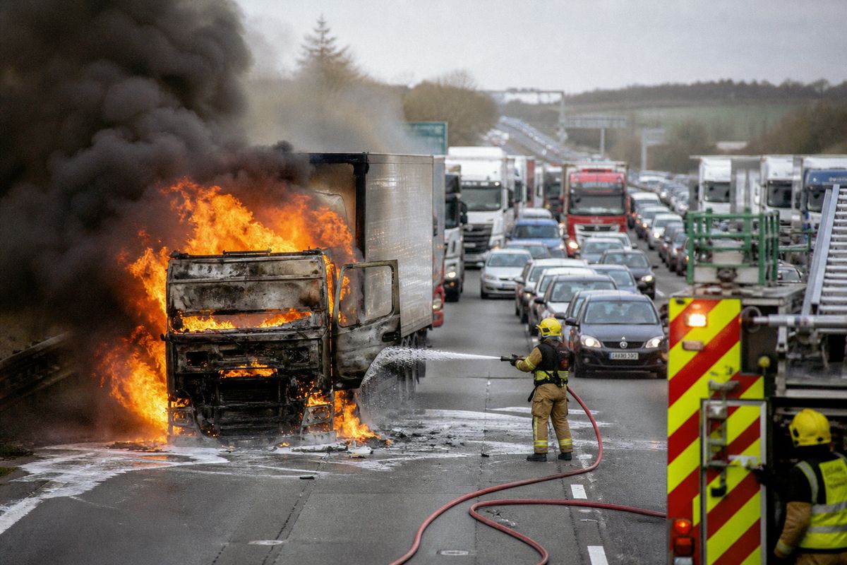 Emergency services attending a lorry fire on a congested motorway