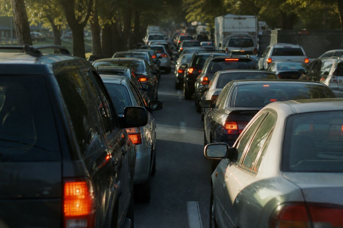 Drivers navigating heavy traffic on a congested local road