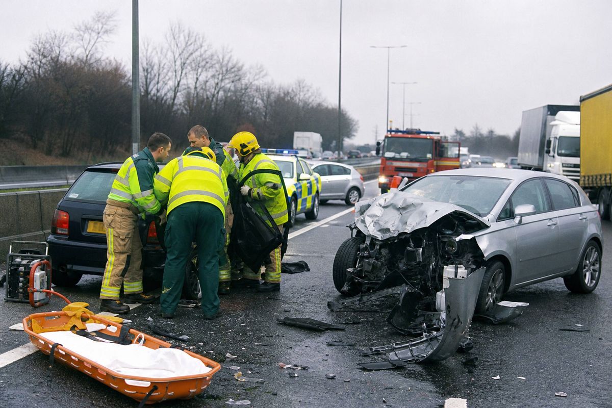 Emergency responders at a multi-vehicle crash on the M25 motorway