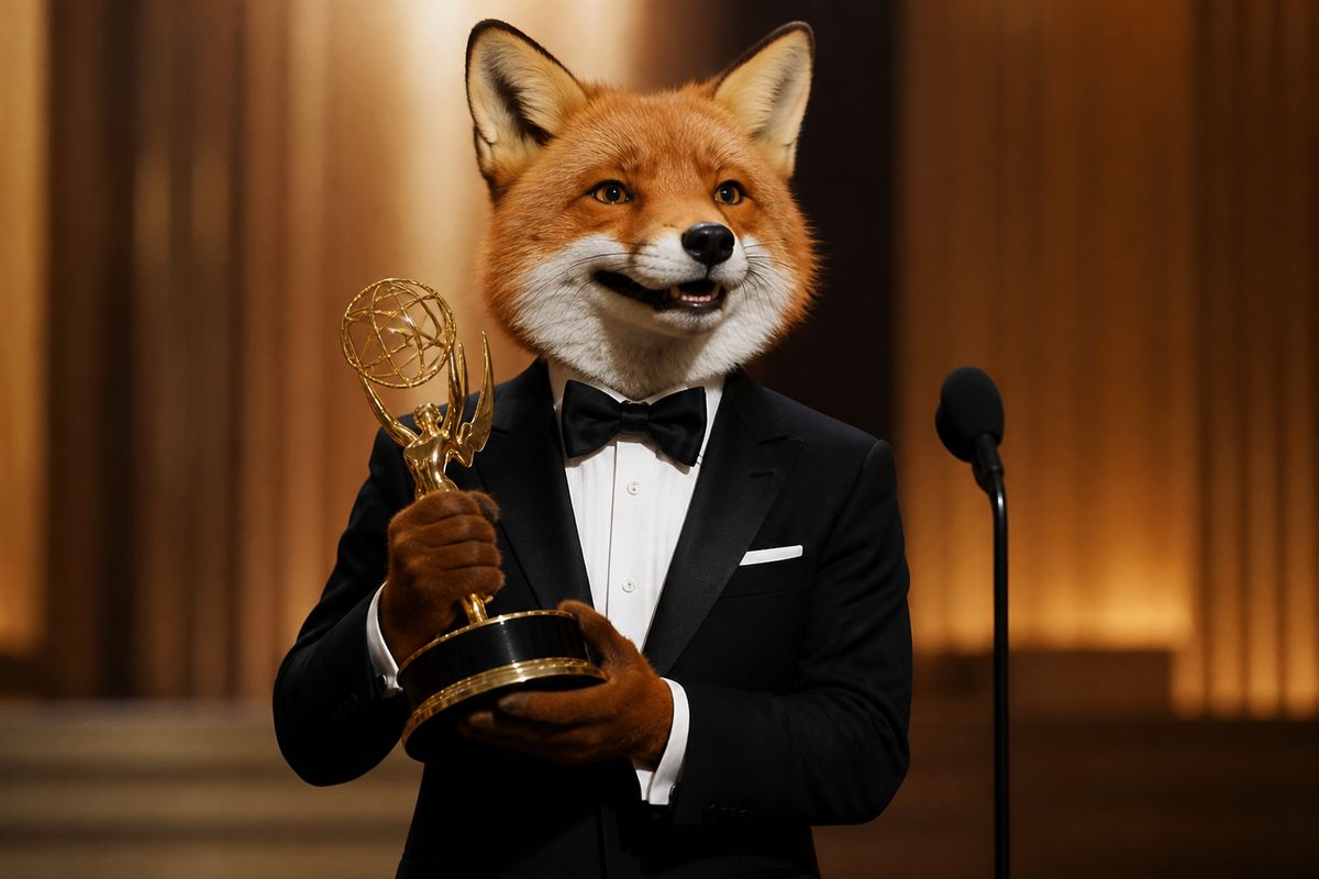 A smiling Fox receiving an award onstage at the Emmys ceremony