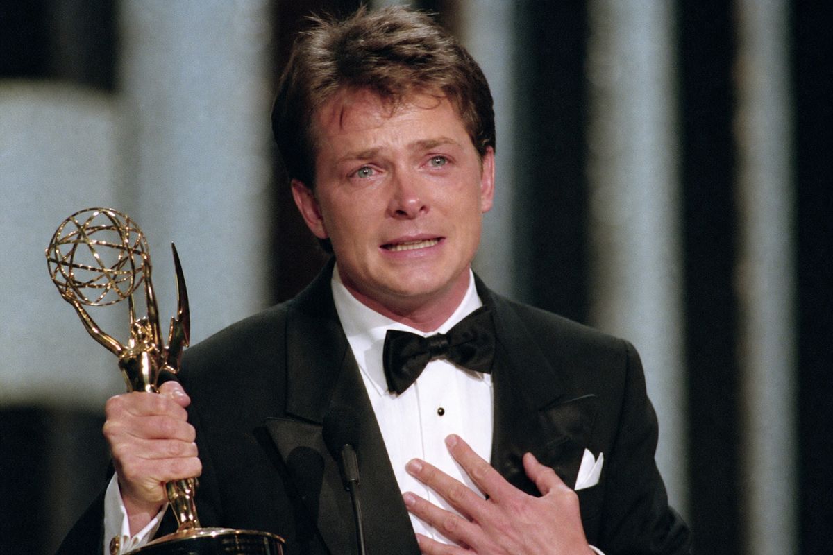 Michael J. Fox delivering an emotional Emmys speech on stage