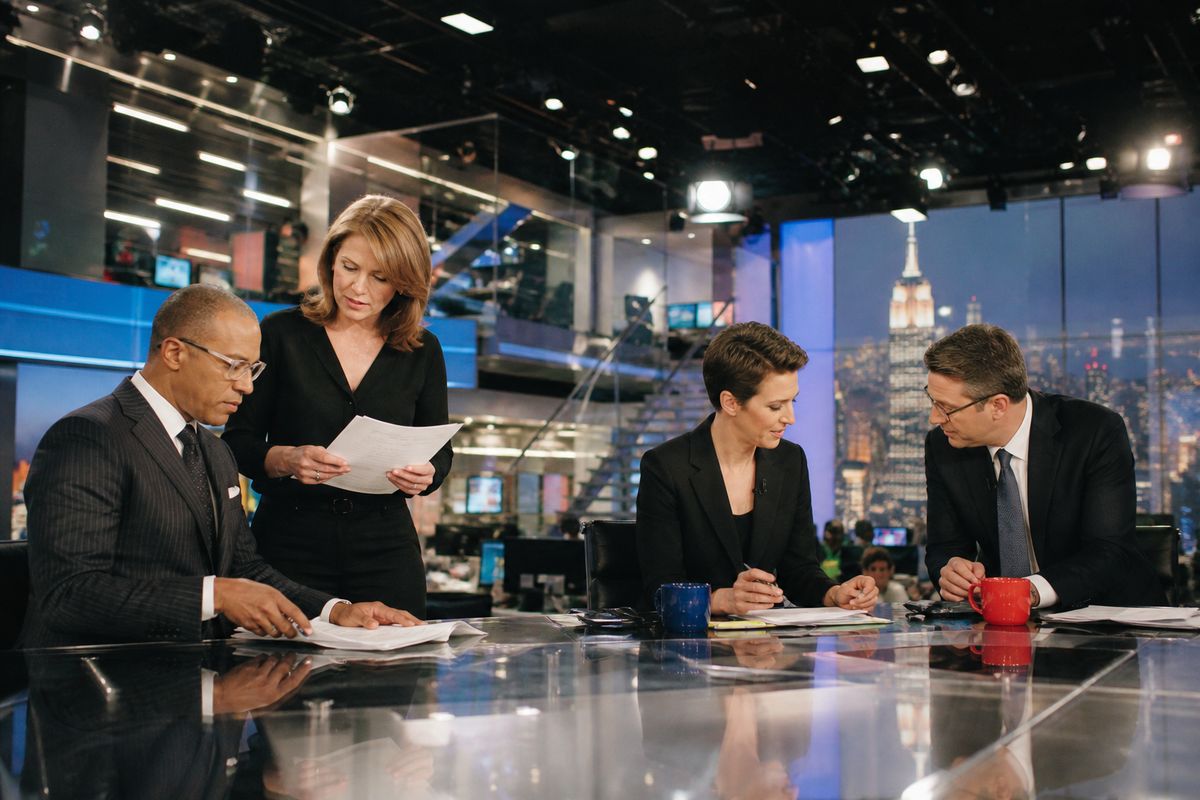 MSNBC studio with anchors preparing for broadcast relaunch