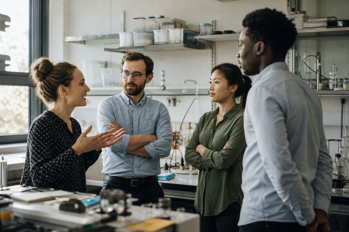 Researchers discussing AI ethics in a modern lab setting