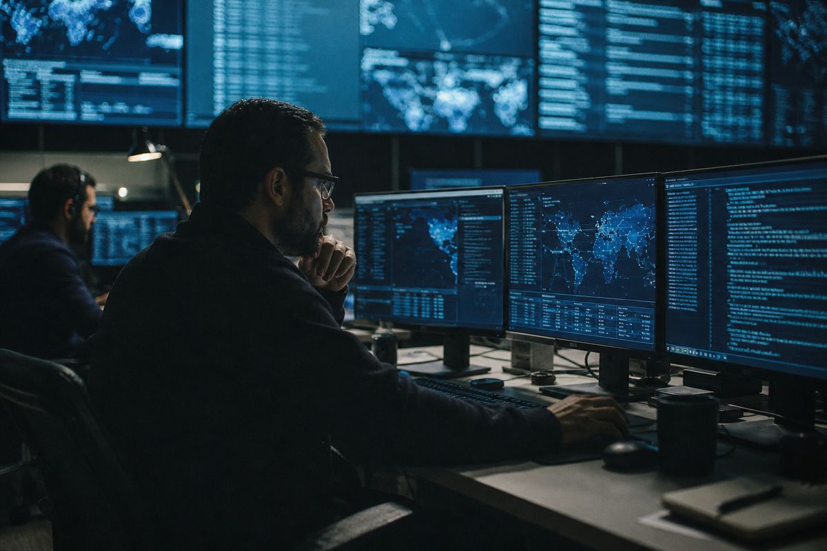Cybersecurity experts monitoring multiple screens in a dark room