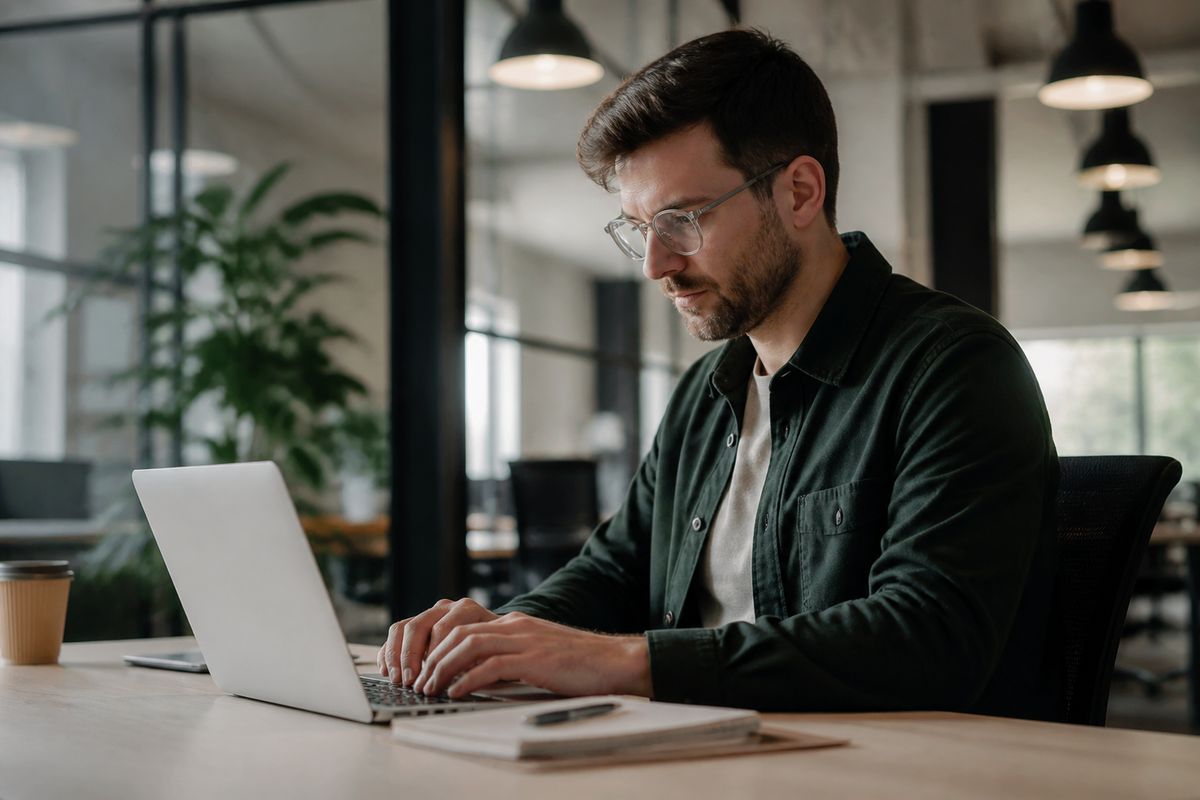 A man typing on a laptop in a modern office.