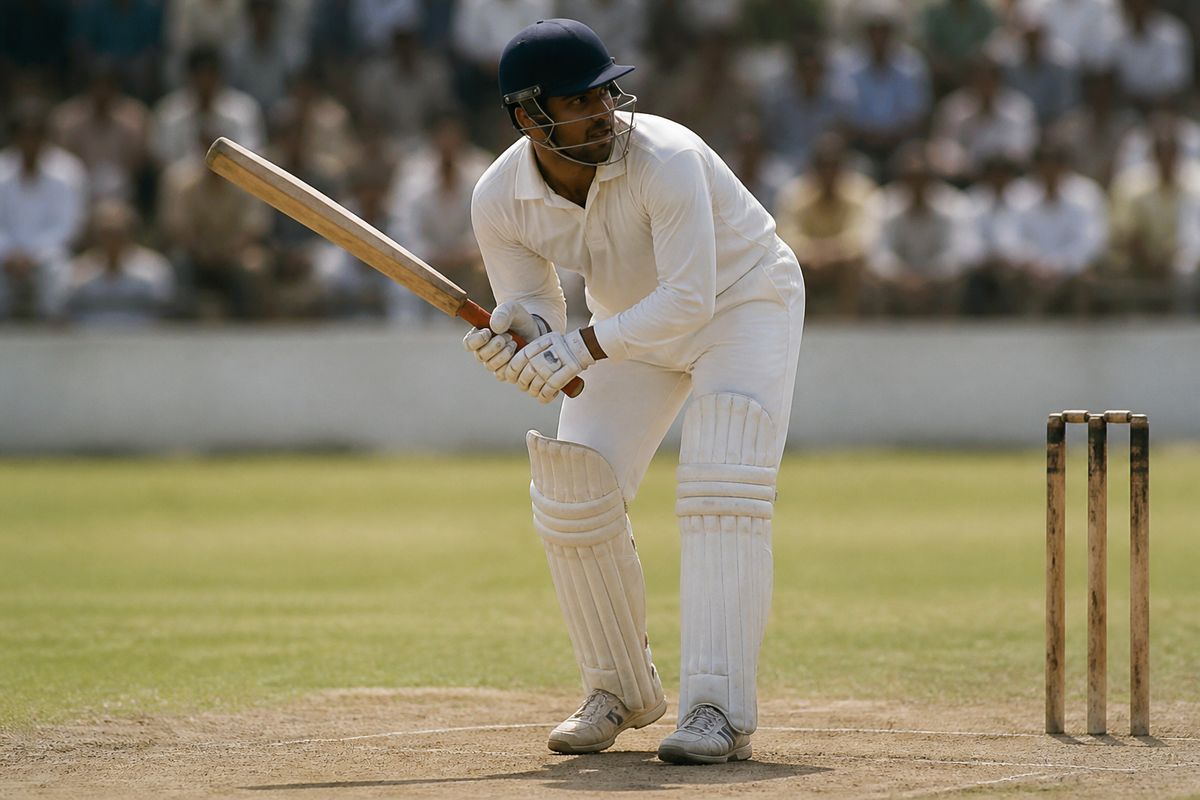 A focused cricket player adjusting his stance on a sunlit pitch