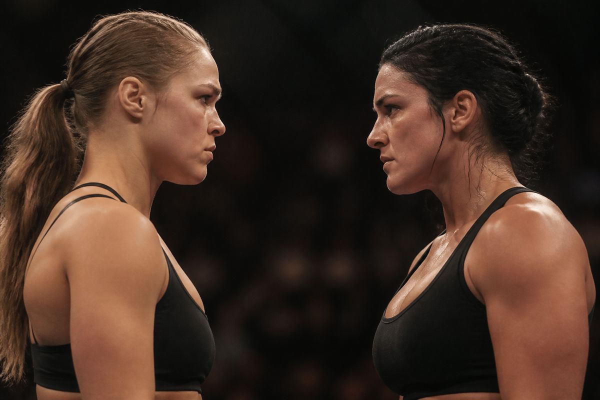 Ronda Rousey and Gina Carano facing off in the ring.