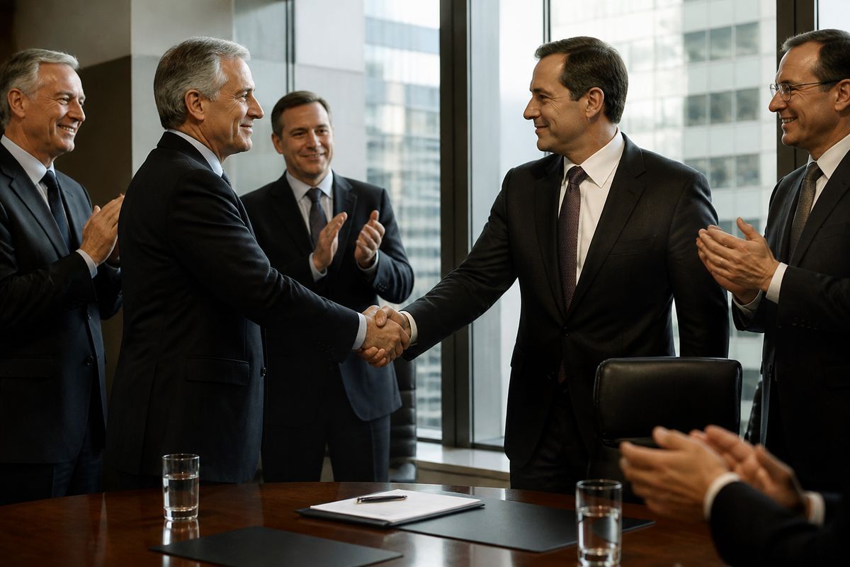 Executives shaking hands at a corporate takeover meeting