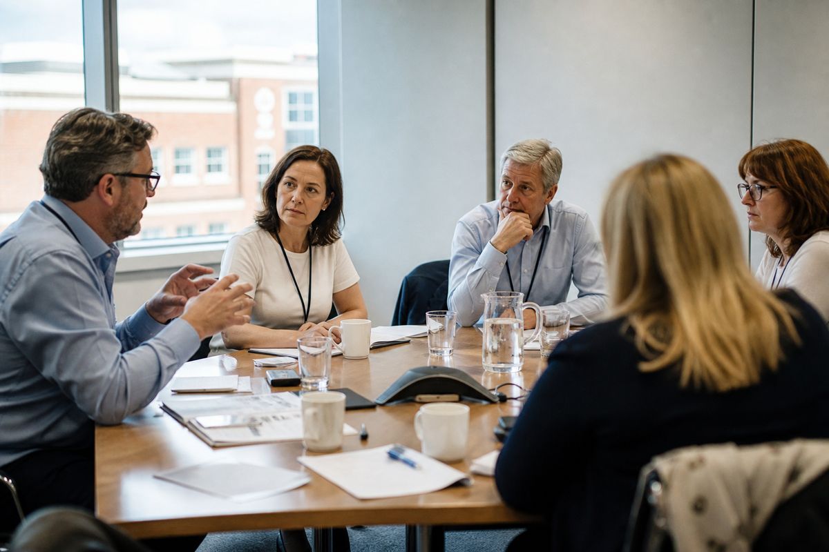 NHS officials discussing data governance in a conference room