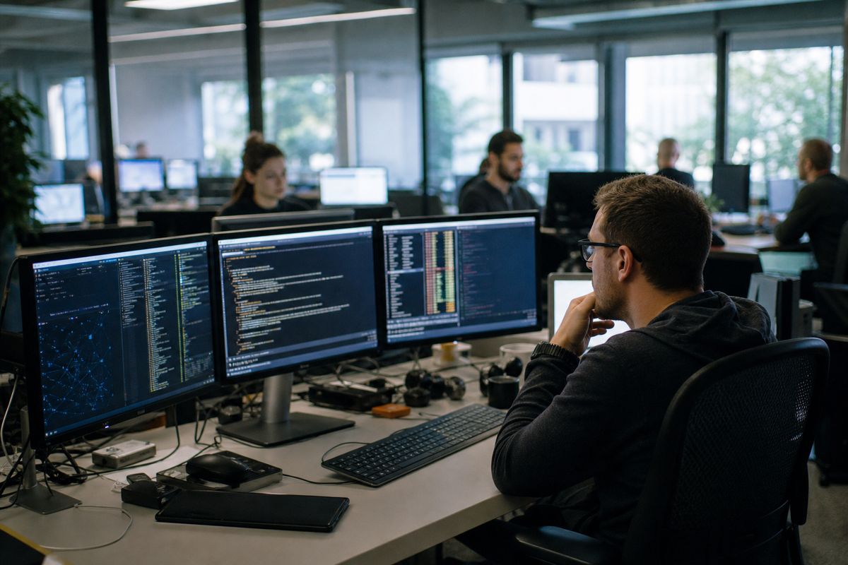 IT professionals monitoring multiple computer screens in an office.