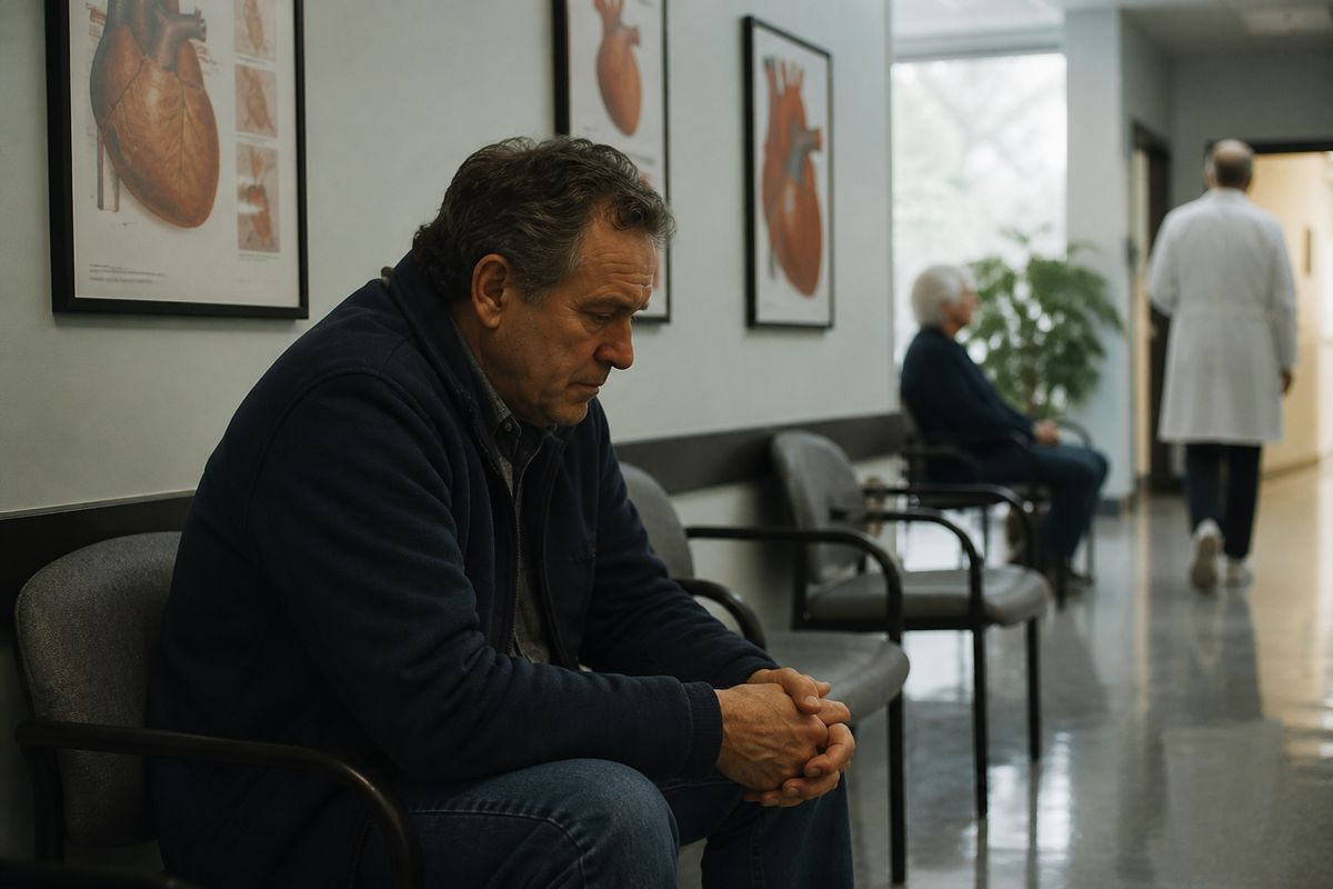A patient anxiously waiting in a hospital cardiology clinic.